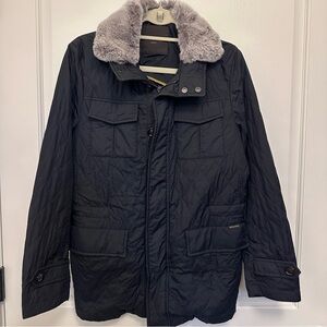 Men's Black Quilted Jacket with Faux Fur Collar